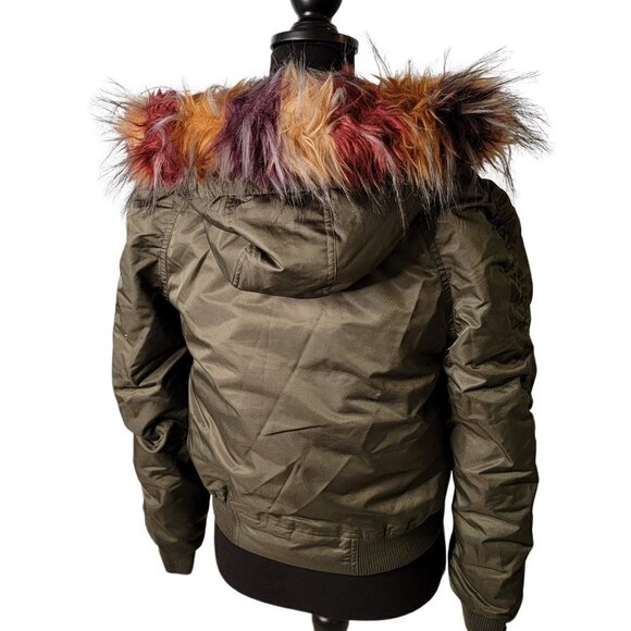 Pink platinum Bomber Jacket Army Green Faux Fur Hood Size Small Junior - Picture 6 of 15